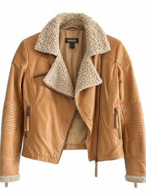 Danier Tan Leather Jacket with Shearling Collar